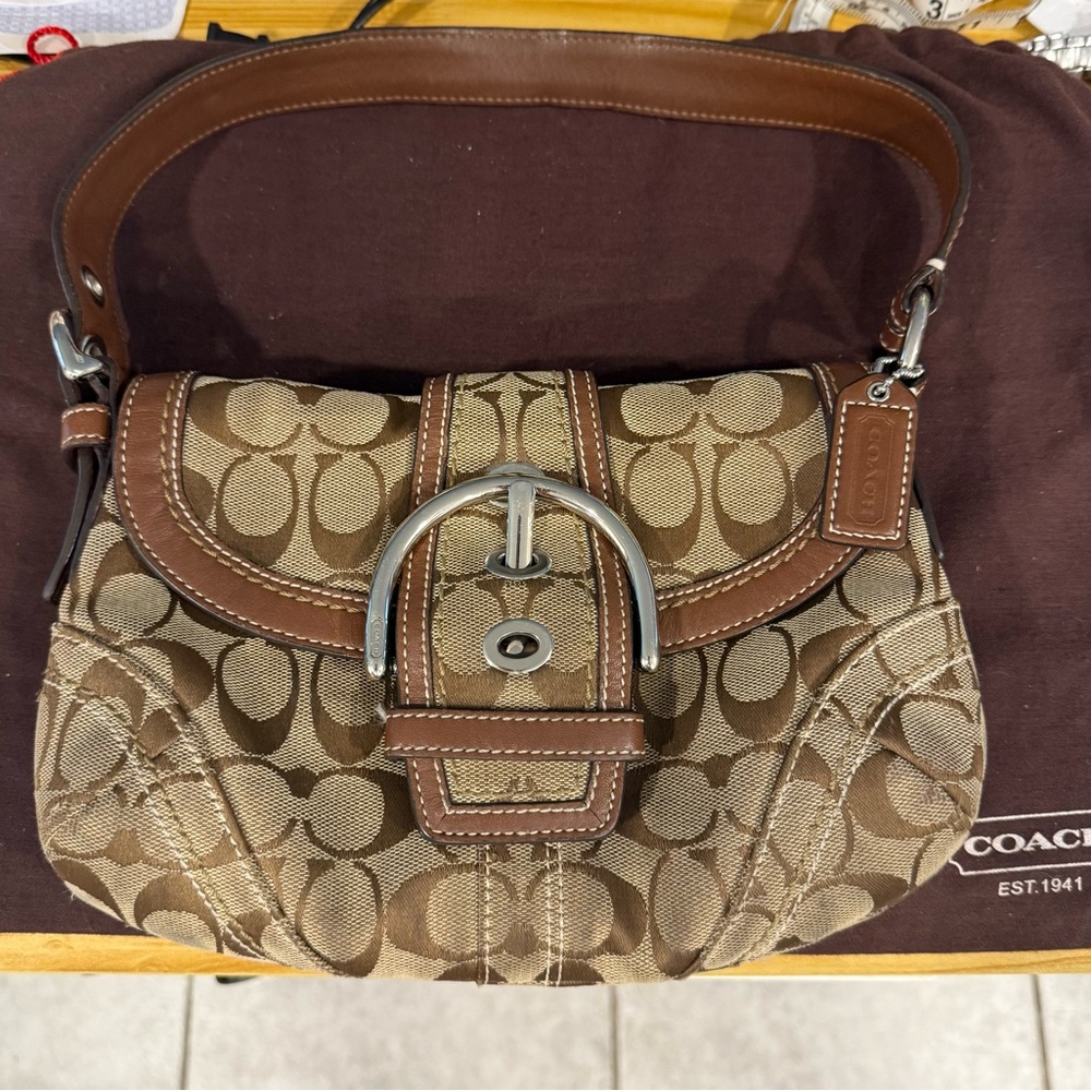 Coach Brown Signature Shoulder Bag with Leather Accents